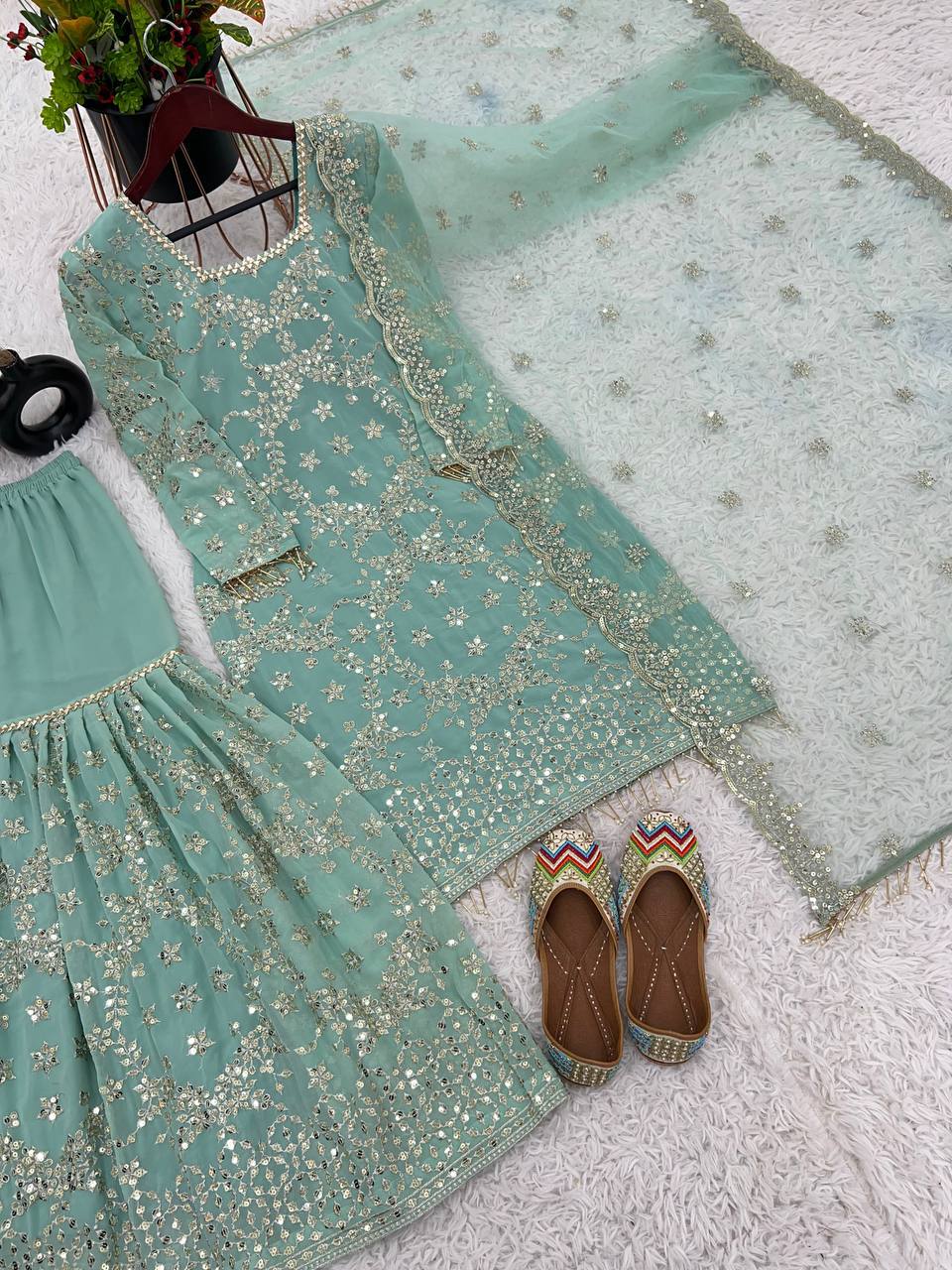 Wonderful Aqua Green Color Embroidery Work Sharara Suit