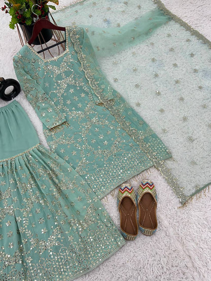 Wonderful Aqua Green Color Embroidery Work Sharara Suit