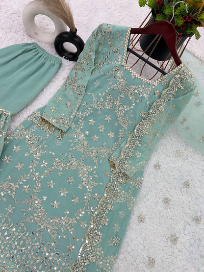 Wonderful Aqua Green Color Embroidery Work Sharara Suit