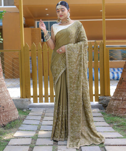 Captivating Silk Floral Design Mehndi Color Saree