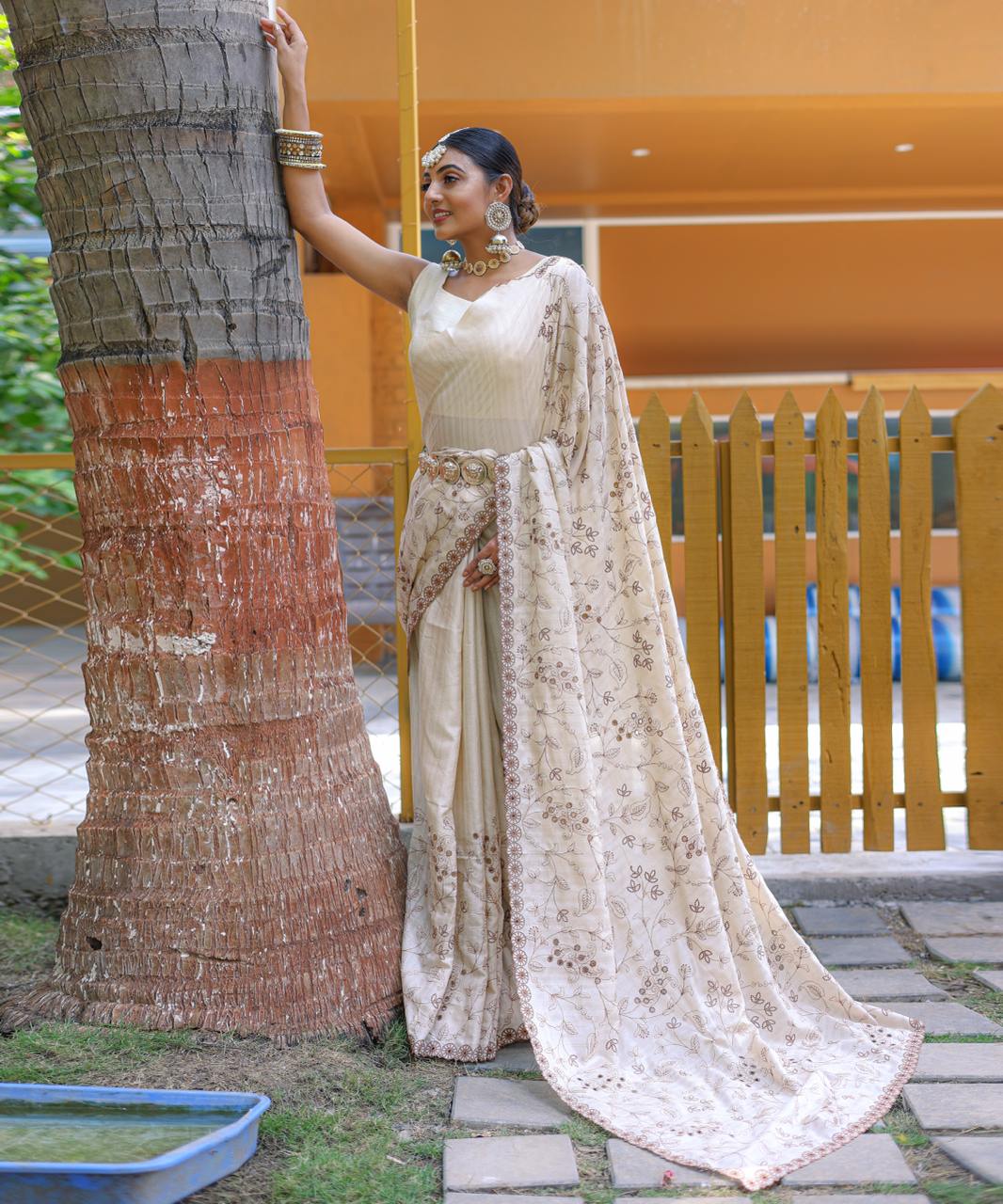 Captivating Silk Floral Design White Color Saree