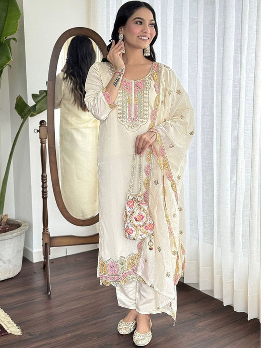Awesome Roman Silk Embroidery Work White Color Salwar Suit