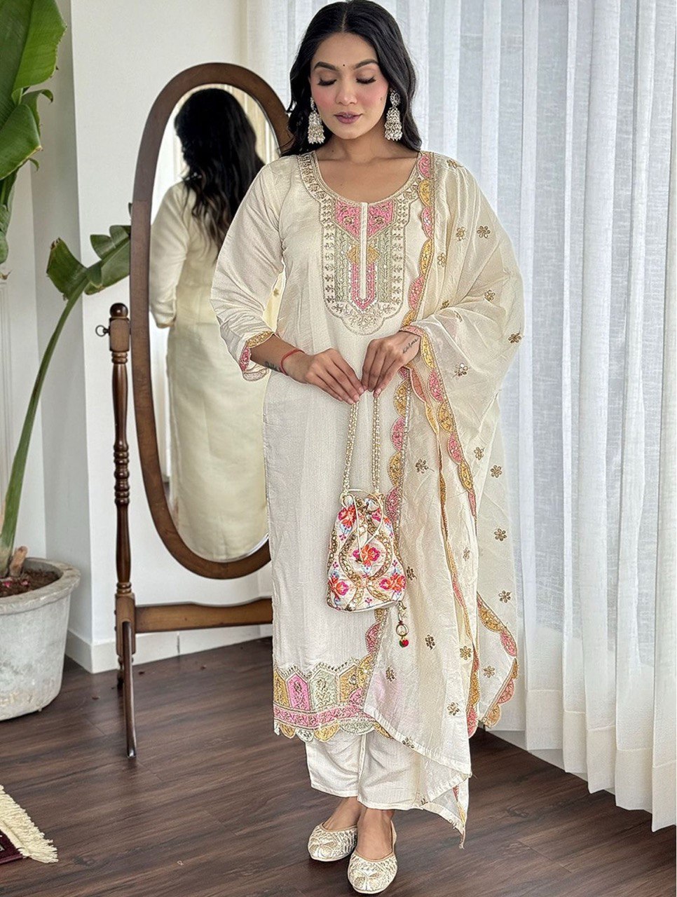Awesome Roman Silk Embroidery Work White Color Salwar Suit