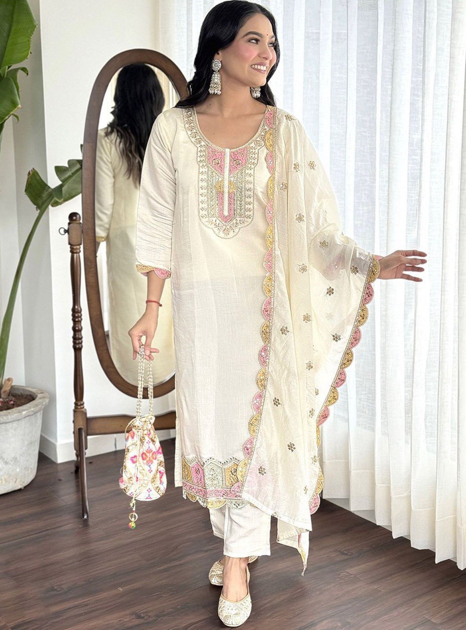 Awesome Roman Silk Embroidery Work White Color Salwar Suit