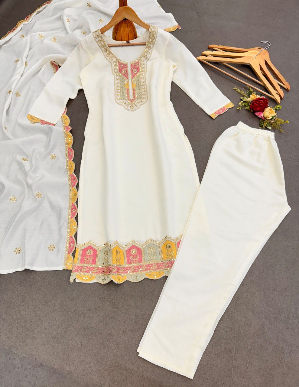 Awesome Roman Silk Embroidery Work White Color Salwar Suit