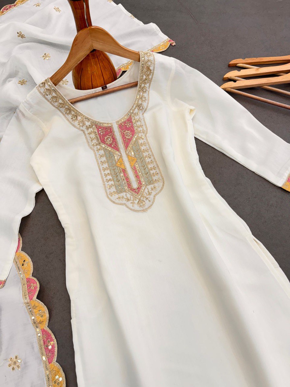 Awesome Roman Silk Embroidery Work White Color Salwar Suit