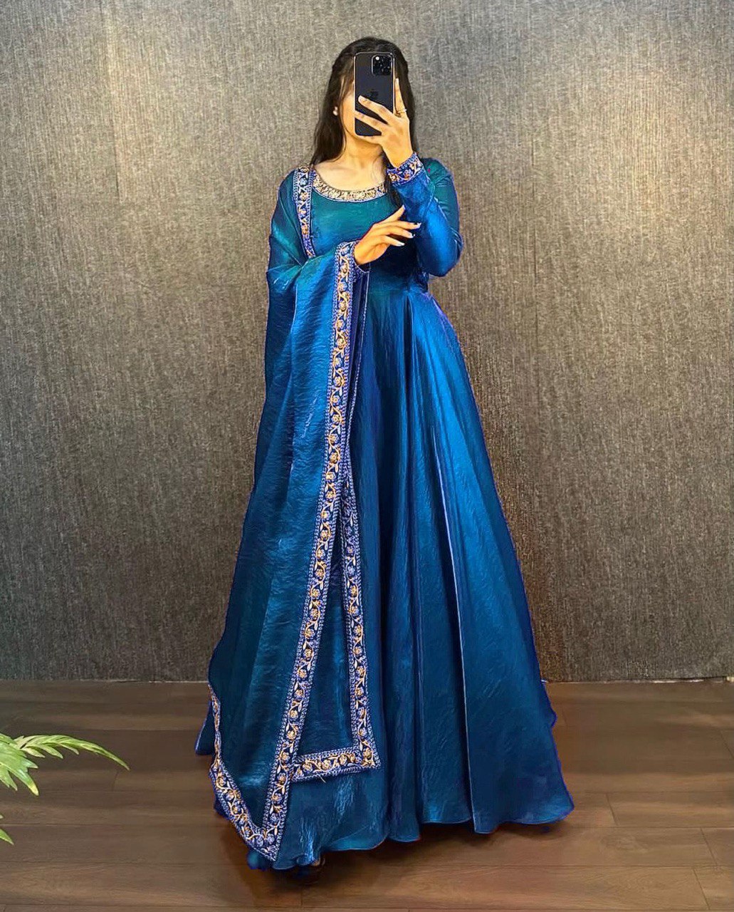 Opulent Fendy Silk Teal Blue Color Gown