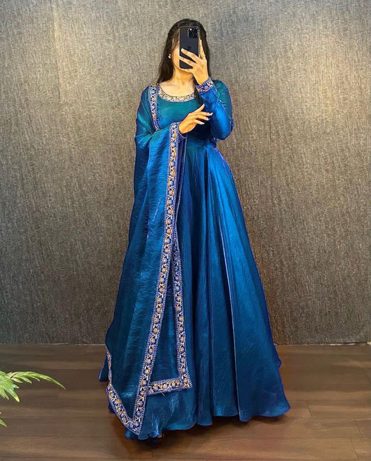 Opulent Fendy Silk Teal Blue Color Gown