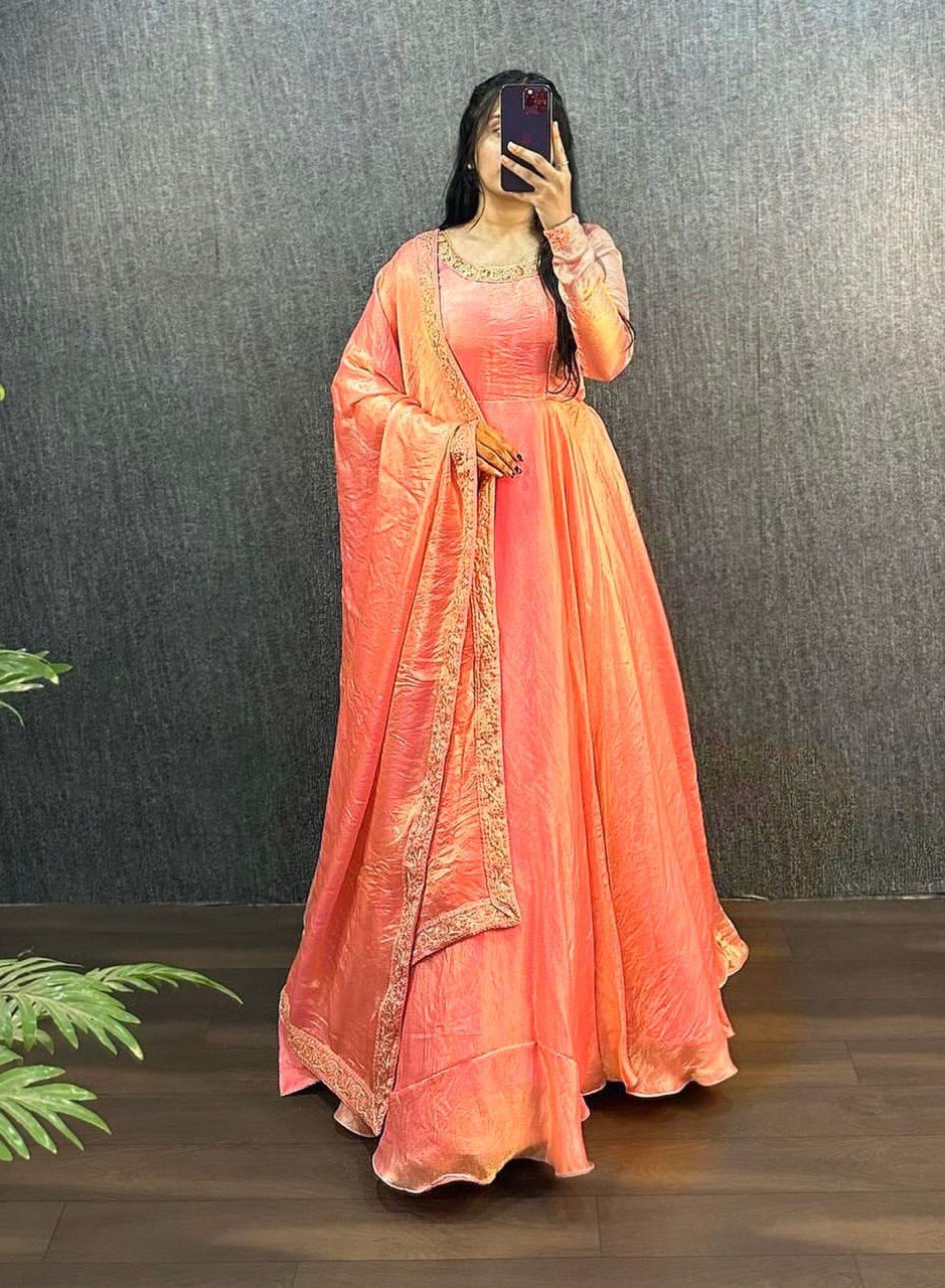 Opulent Fendy Silk Orange Color Gown