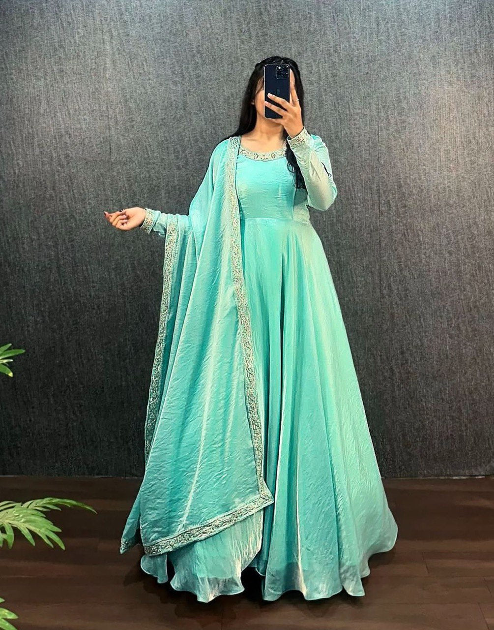 Opulent Fendy Silk Aqua Blue Color Gown