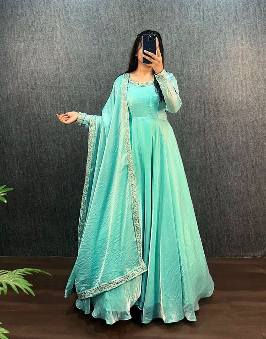 Opulent Fendy Silk Aqua Blue Color Gown