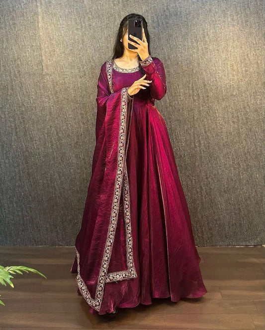 Opulent Fendy Silk Maroon Color Gown