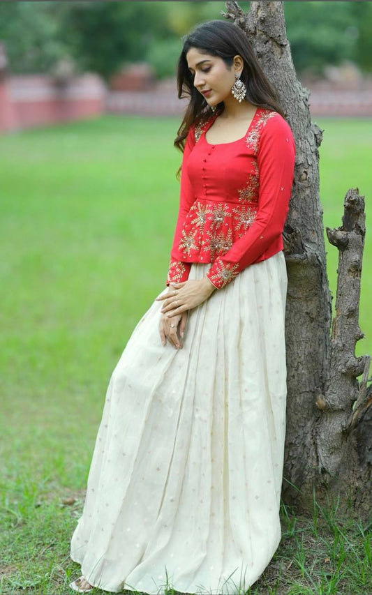 Designer Sequence Work Red & White Color Top With Lehenga