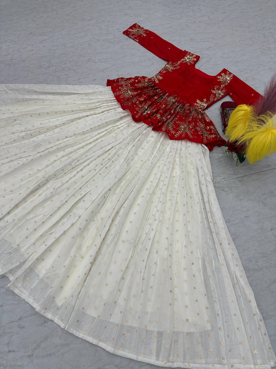 Designer Sequence Work Red & White Color Top With Lehenga