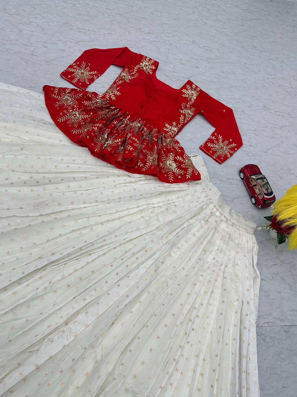 Designer Sequence Work Red & White Color Top With Lehenga