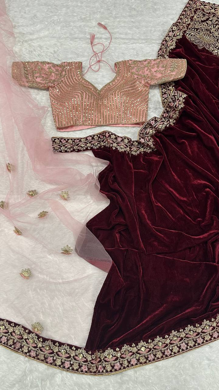 Captivating Thread Dori Work Maroon Color Saree