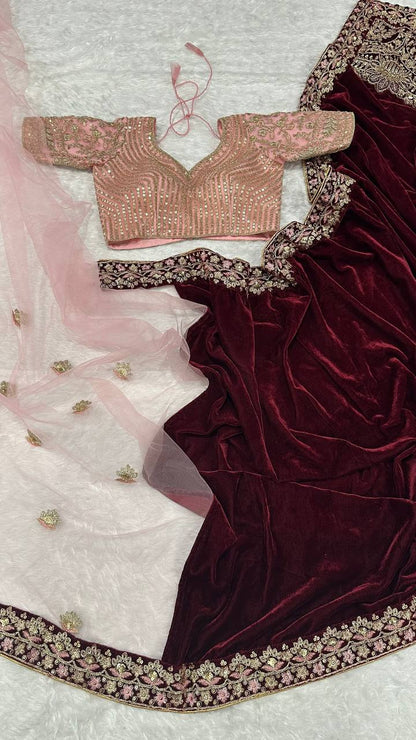 Captivating Thread Dori Work Maroon Color Saree