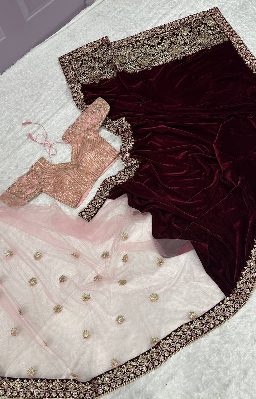 Captivating Thread Dori Work Maroon Color Saree