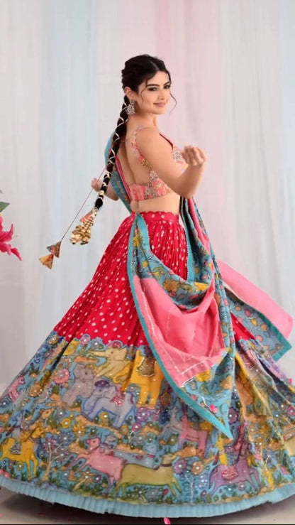 Admiring Cotton Kalamkari Print Red Multi Color Lehenga Choli