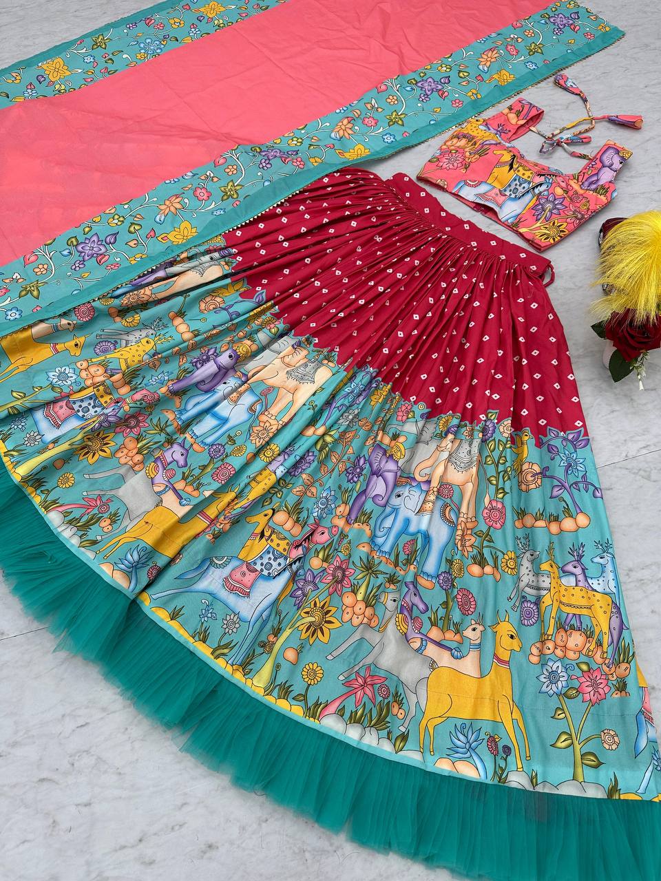 Admiring Cotton Kalamkari Print Red Multi Color Lehenga Choli