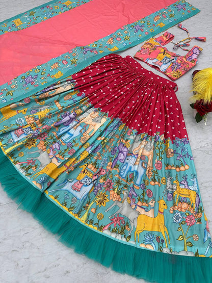 Admiring Cotton Kalamkari Print Red Multi Color Lehenga Choli