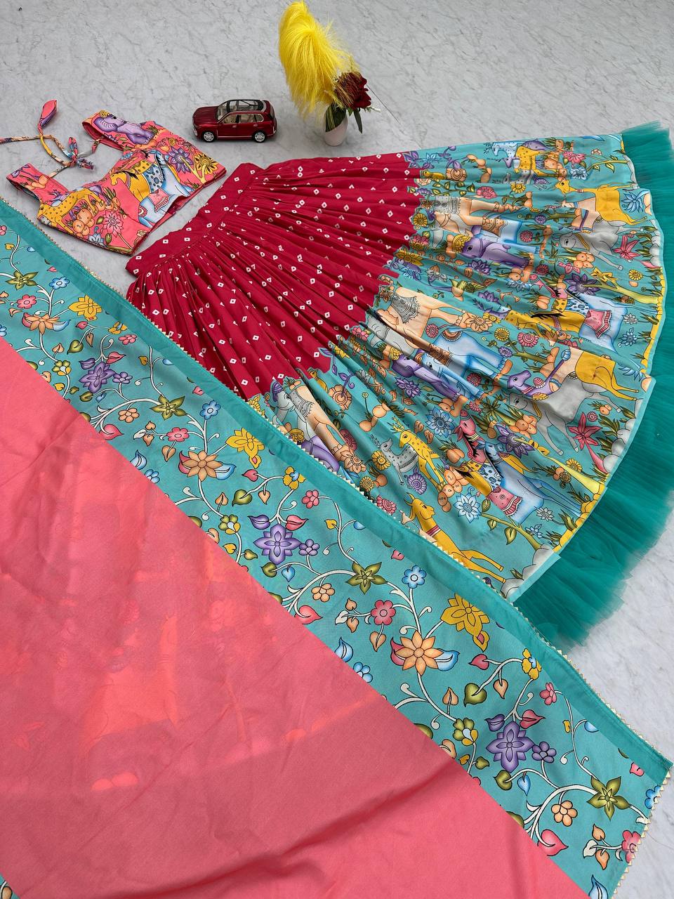 Admiring Cotton Kalamkari Print Red Multi Color Lehenga Choli
