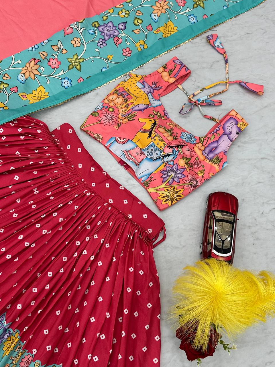 Admiring Cotton Kalamkari Print Red Multi Color Lehenga Choli