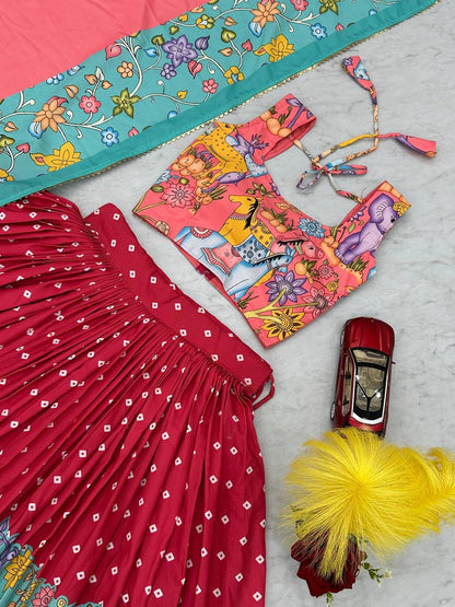 Admiring Cotton Kalamkari Print Red Multi Color Lehenga Choli