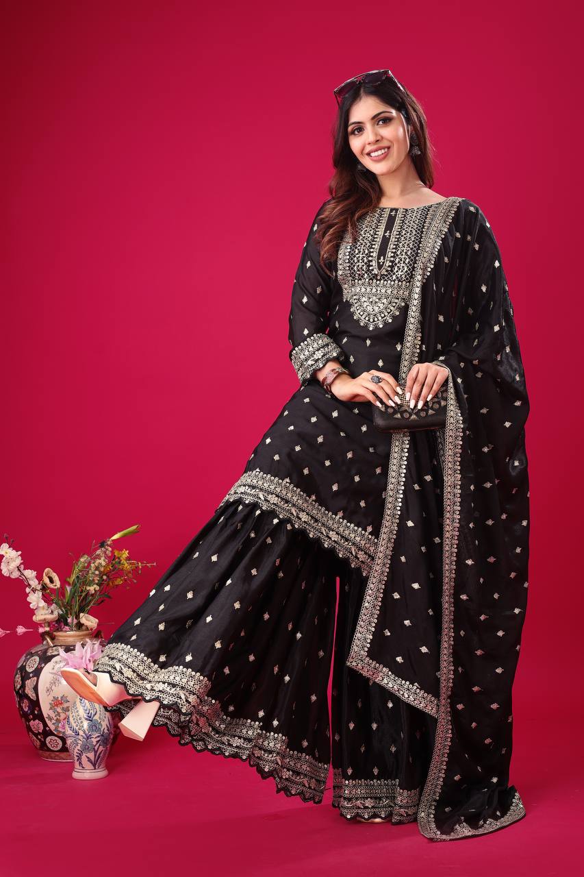 Heavy Embroidery Work Black Color Sharara Suit