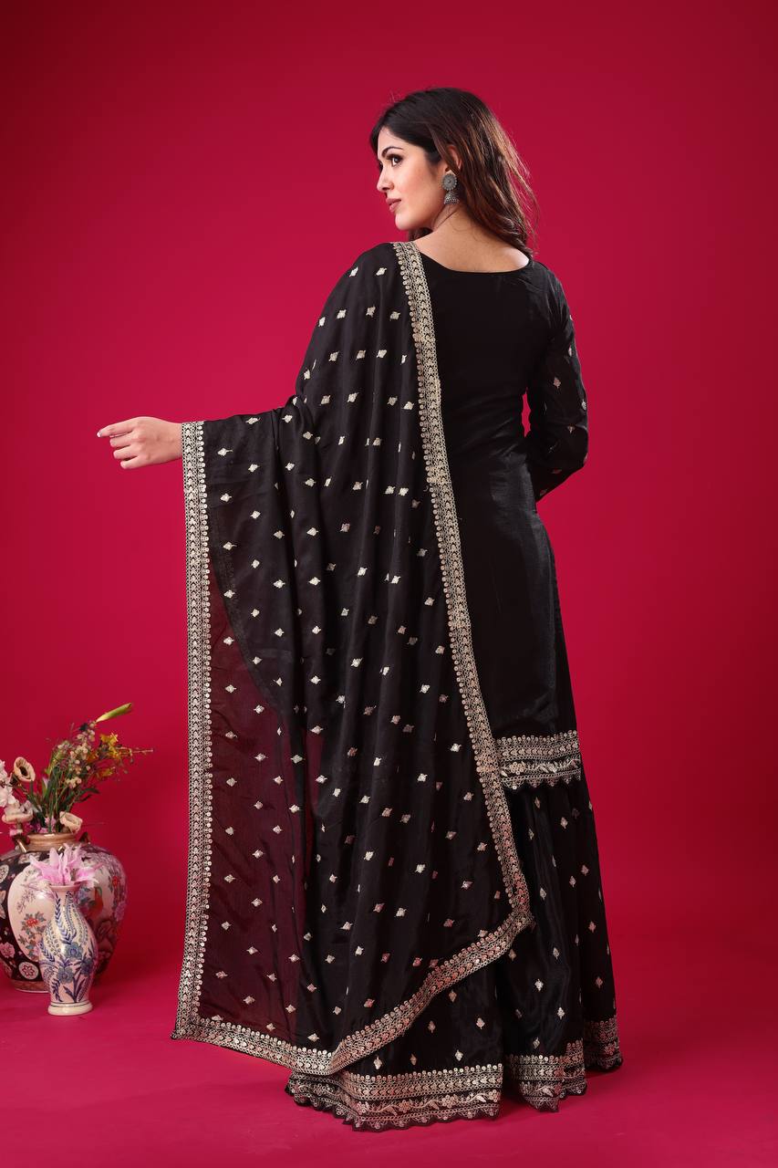 Heavy Embroidery Work Black Color Sharara Suit