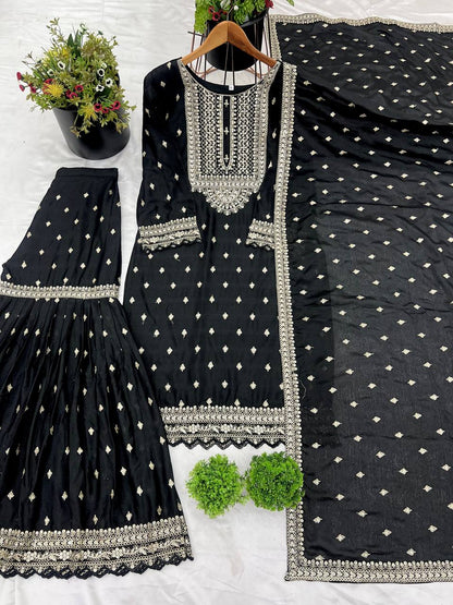 Heavy Embroidery Work Black Color Sharara Suit