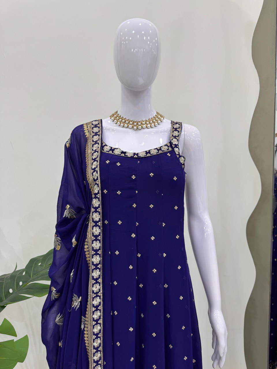 Ceremony Wear Thread With Sequnce Blue Color Gown