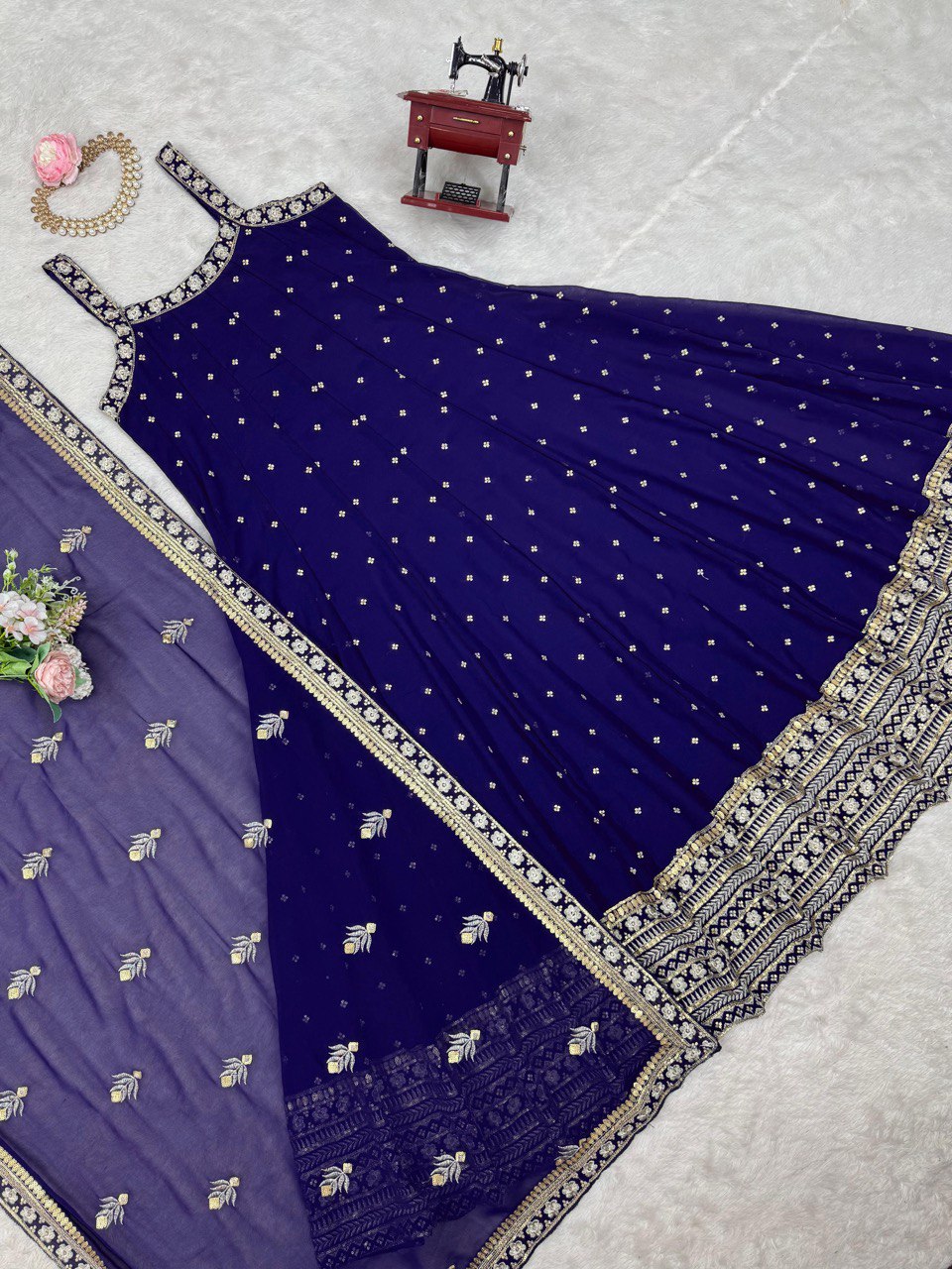 Ceremony Wear Thread With Sequnce Blue Color Gown