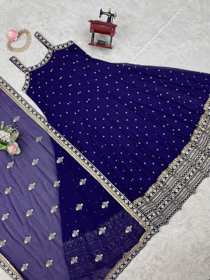 Ceremony Wear Thread With Sequnce Blue Color Gown
