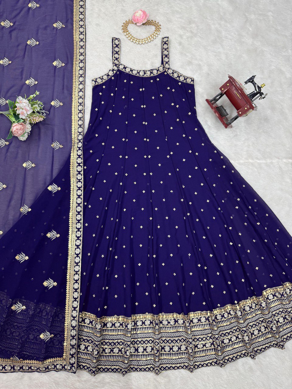 Ceremony Wear Thread With Sequnce Blue Color Gown