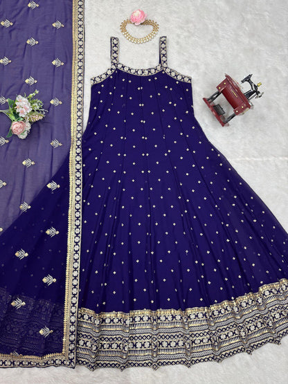 Ceremony Wear Thread With Sequnce Blue Color Gown