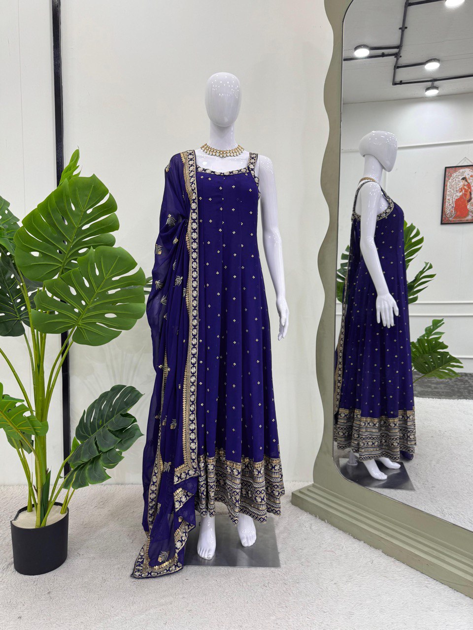 Ceremony Wear Thread With Sequnce Blue Color Gown