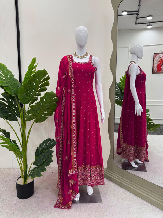 Ceremony Wear Thread With Sequnce Pink Color Gown