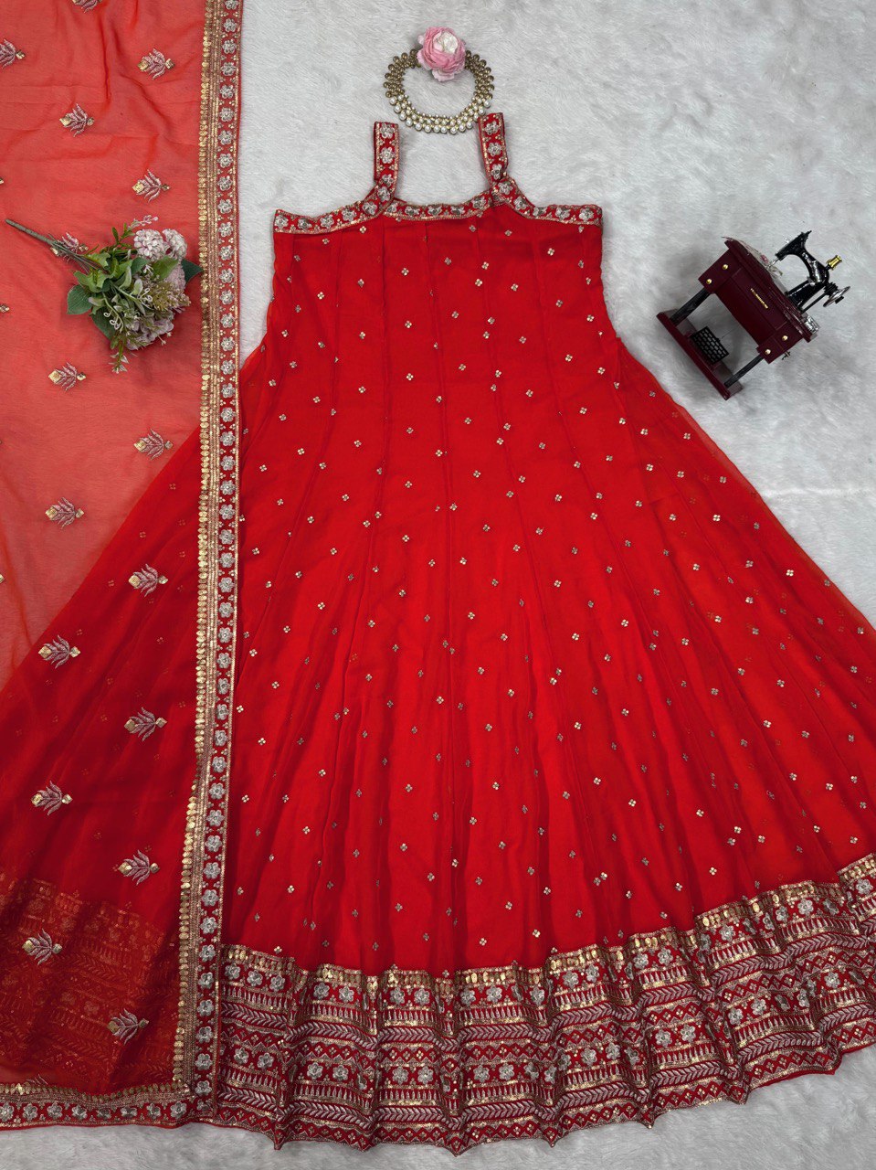 Ceremony Wear Thread With Sequnce Red Color Gown