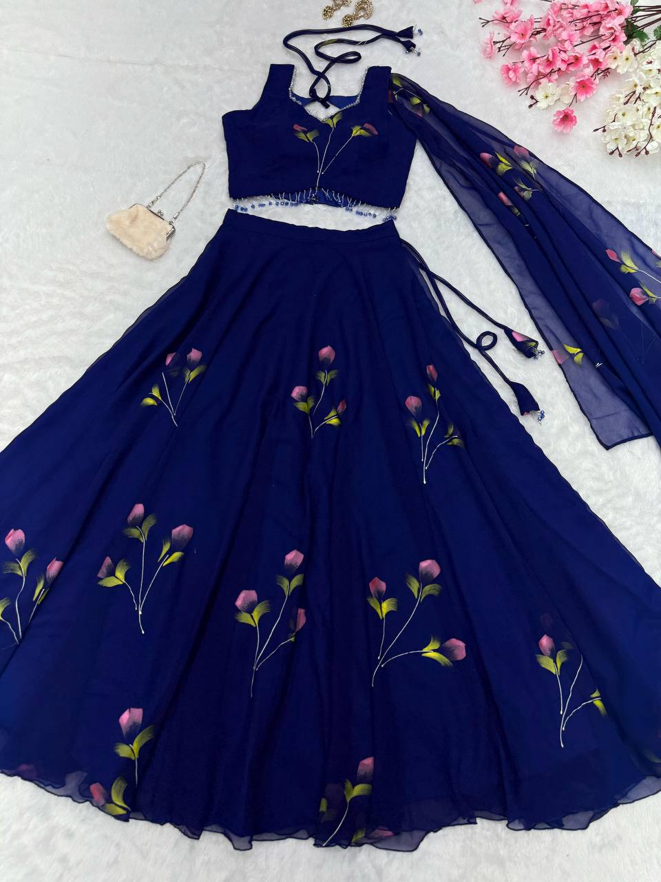 Designer Georgette Blue Color Hand Paints Lehenga Choli