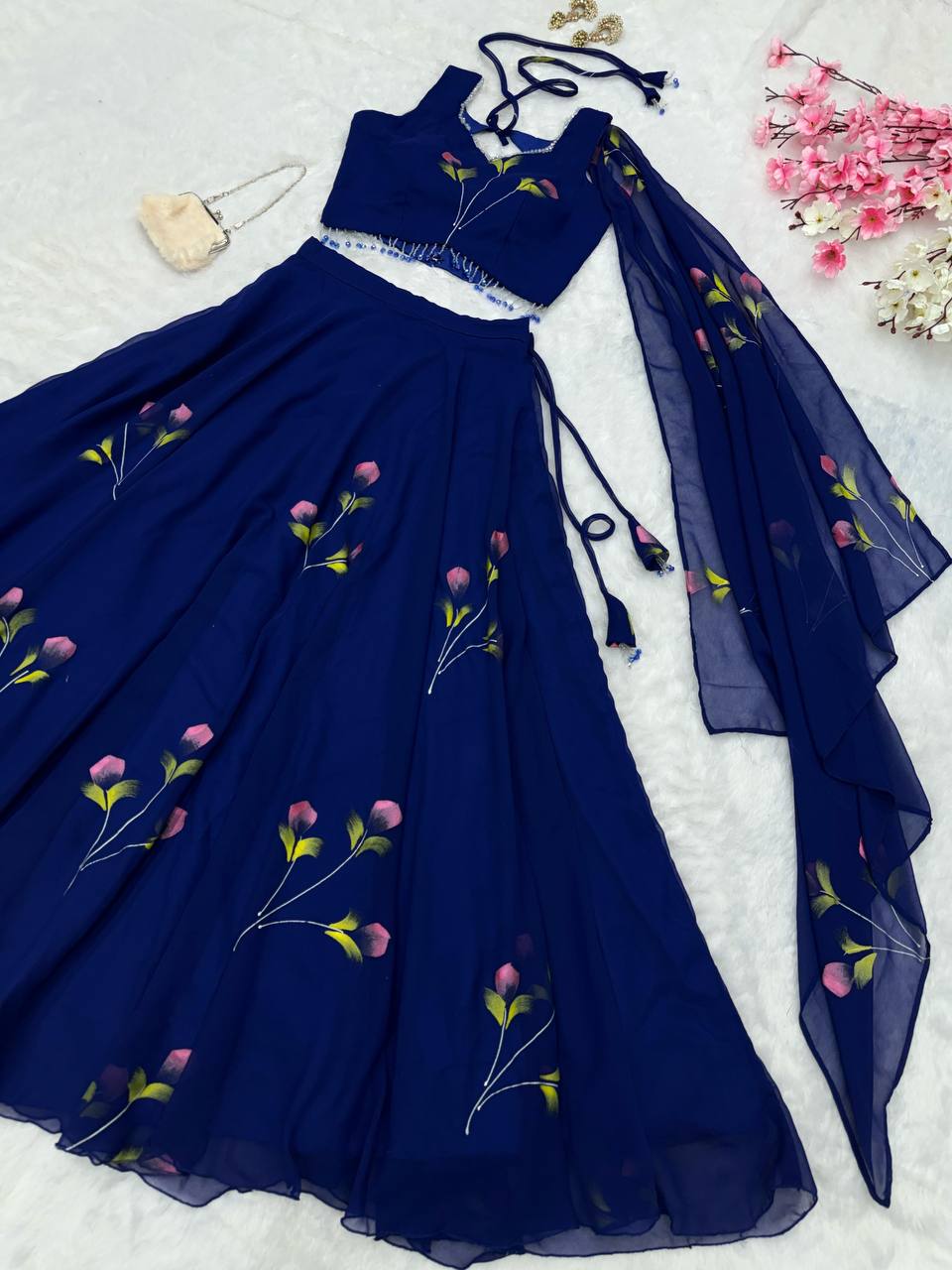 Designer Georgette Blue Color Hand Paints Lehenga Choli