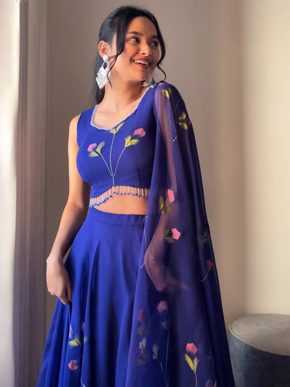 Designer Georgette Blue Color Hand Paints Lehenga Choli