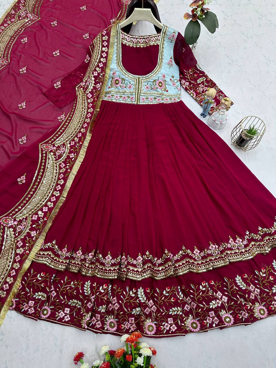 Elegant Georgette Thread Work Red Color Gown