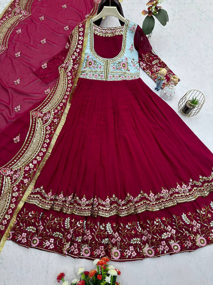 Elegant Georgette Thread Work Red Color Gown