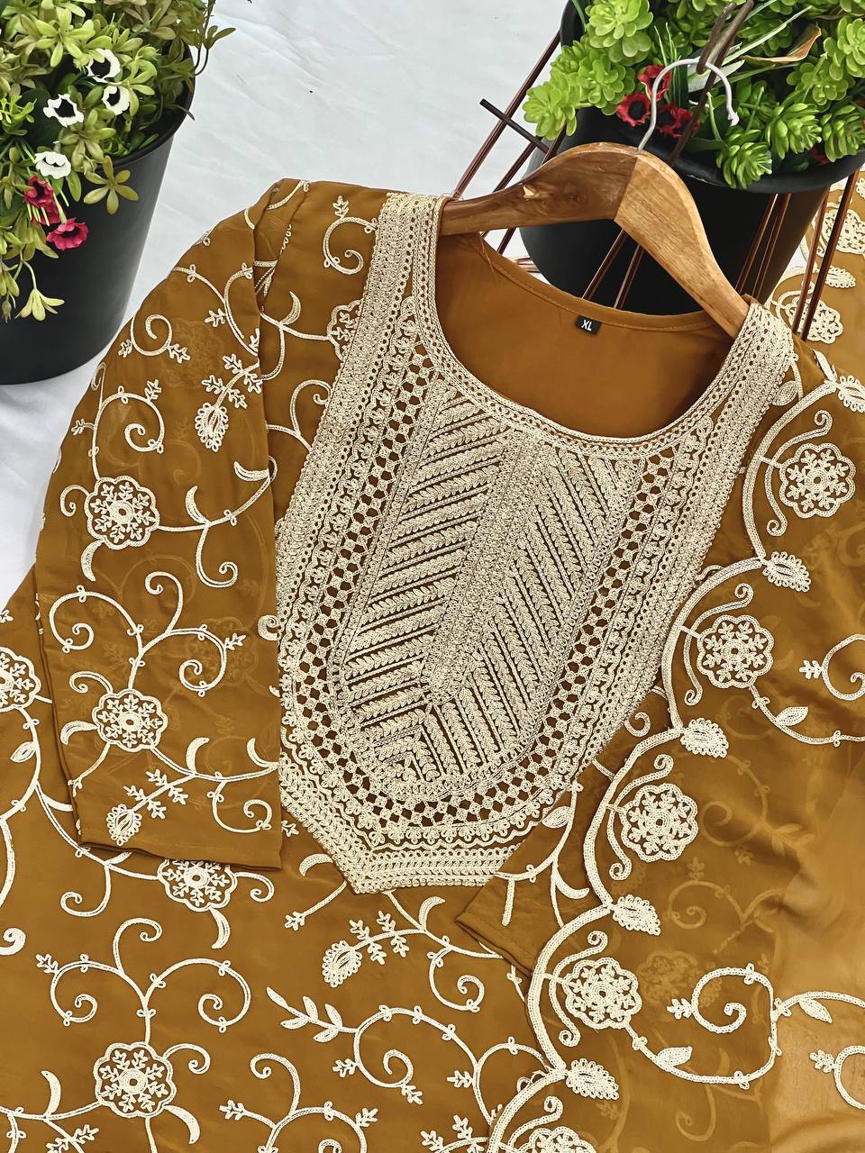 Designer Embroidery Work Brown Color Sharara Suit