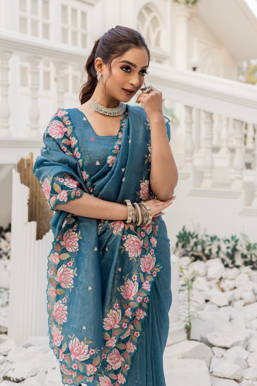 Imposing Crush Silk Teal Blue Color Saree