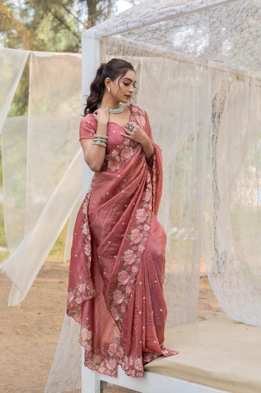 Imposing Crush Silk Peach Color Saree