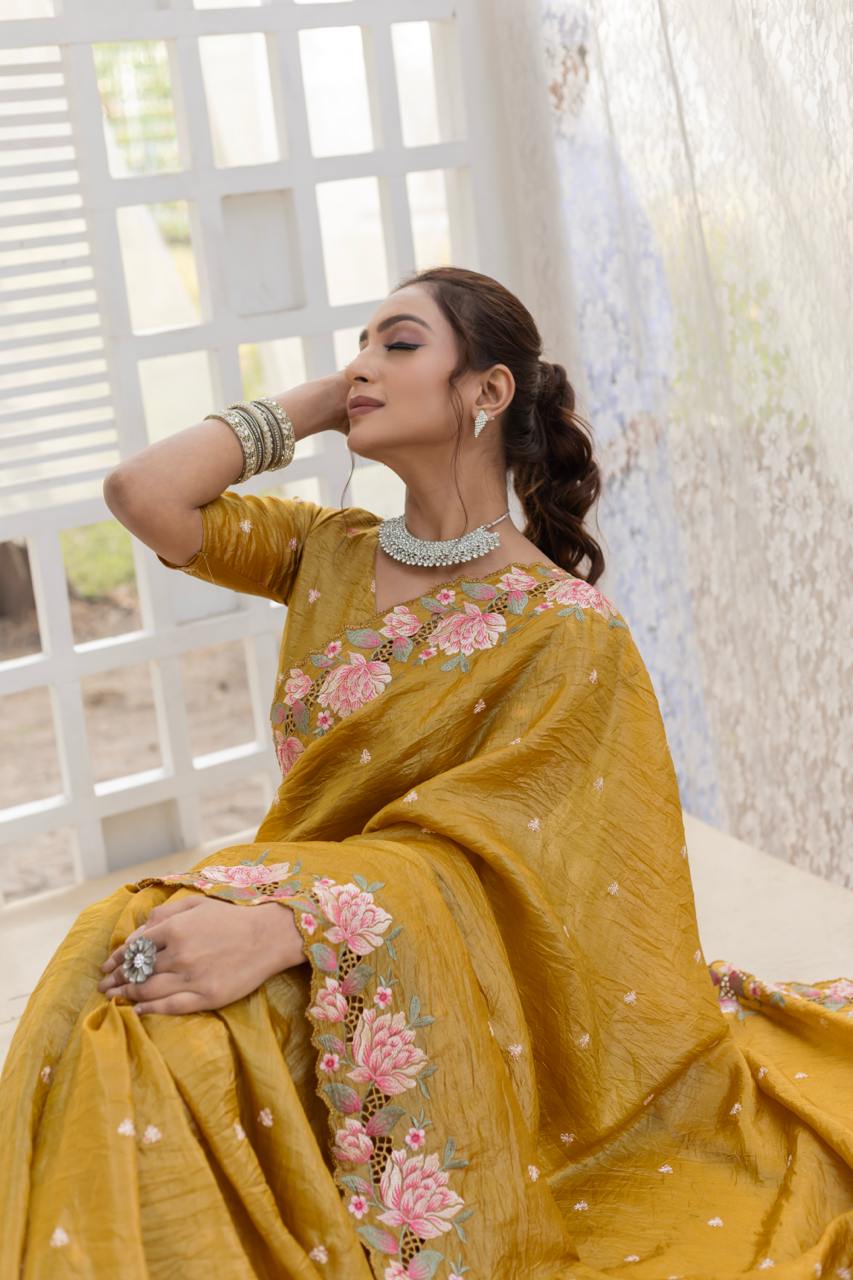 Imposing Crush Silk Mustard Color Saree