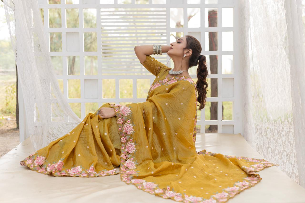 Imposing Crush Silk Mustard Color Saree