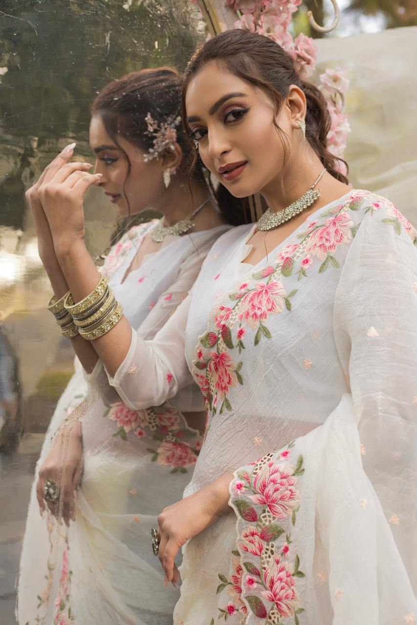 Imposing Crush Silk White Color Saree
